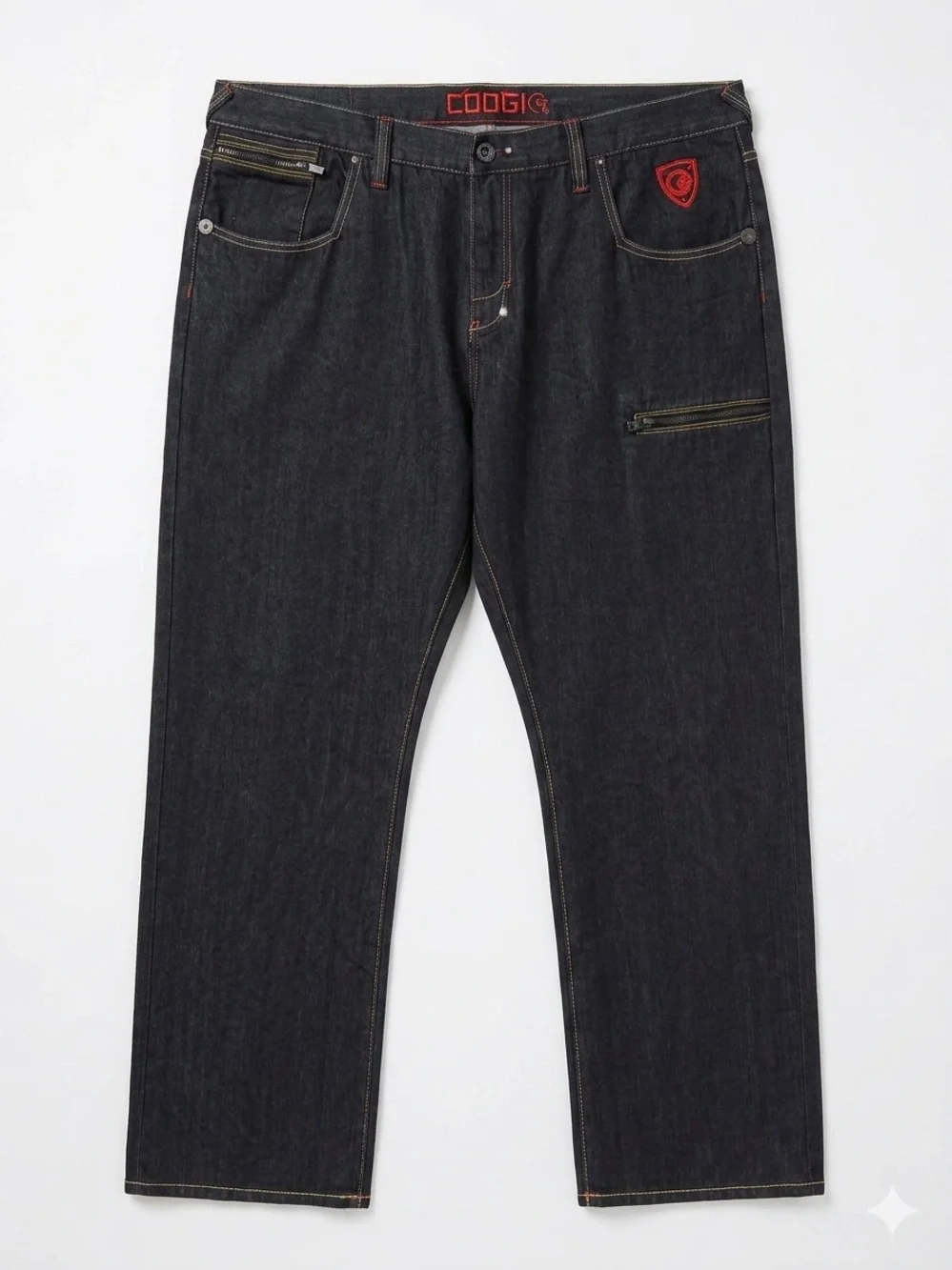 Vintage COOGI Black Denim Orange Embroidered Spell Out Baggy Hip Hop Jeans